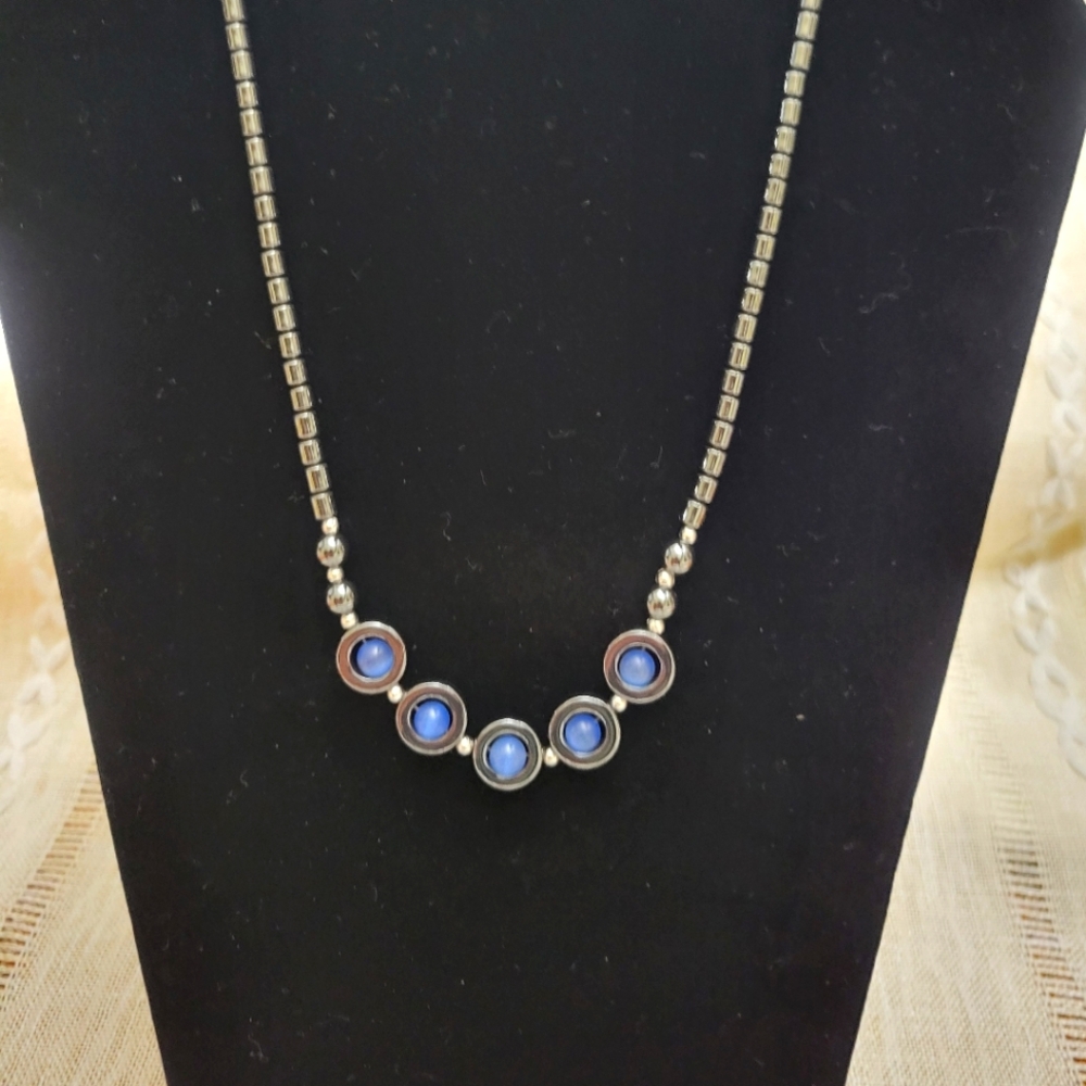 Hematite Necklace With Blue Cats Eyes